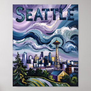 Poster Seattle Skyline Van Gogh Style Viagens vintage Art