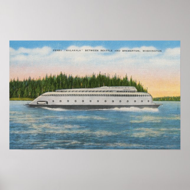 Pôster Seattle, WA - Vista de Kalakala Ferry sobre Puget (Frente)
