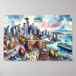 Poster Seattle Washington Famoso Viagem Places aquarela