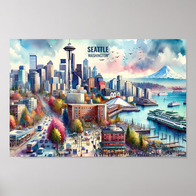 Poster Seattle Washington Famoso Viagem Places aquarela (Frente)
