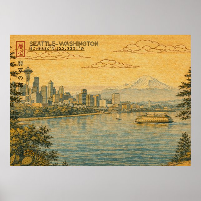 Poster Seattle Washington Skyline in Japanese Ukiyo-e (Frente)