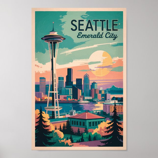 Poster Seattle Washington Skyline Viagem Art Vintage (Frente)