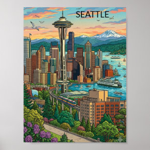 Poster Seattle, Washington Vista da Cidade de Viagem Vint
