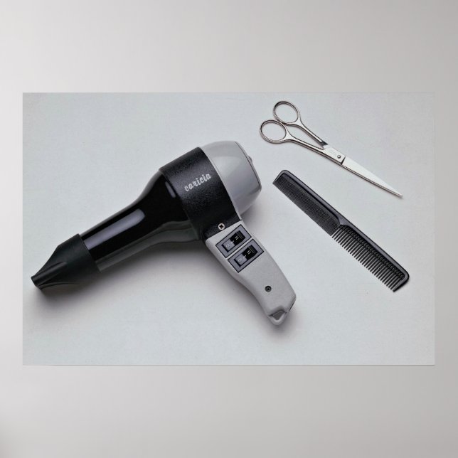 Pôster Secador de cabelo com tesoura e pente (Frente)