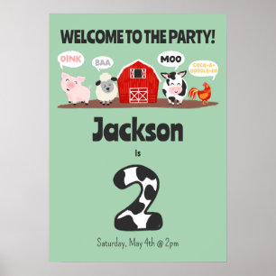 Poster segundo aniversário Oink Baa Moo Bem-vindo Anivers