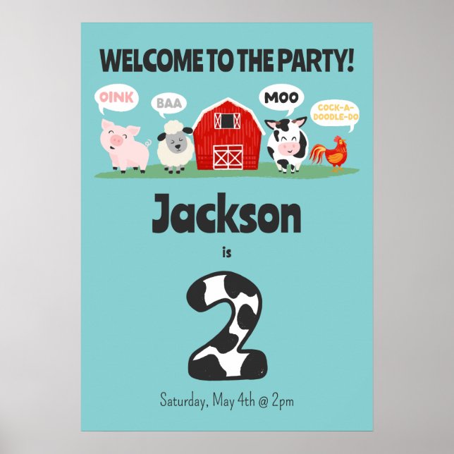 Poster segundo aniversário Oink Baa Moo Bem-vindo Anivers (Frente)