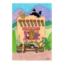 Seis gatos em uma casa laranja da Adobe