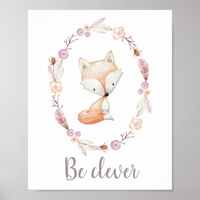 Poster Seja Clever Baby Fox Boho Wreath Woodland Nursery (Frente)