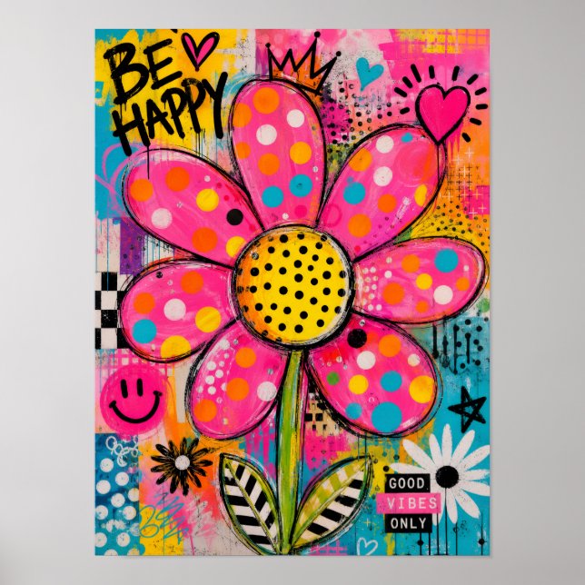 Poster Seja Feliz Flor Colorida Pop Art (Frente)