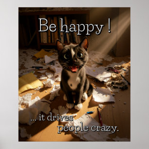 Poster Seja Feliz Gato - Paper Mess Edition