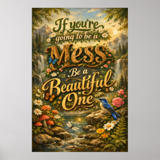 Poster Seja uma Bela Bagunça Tipografia Floral Vintage