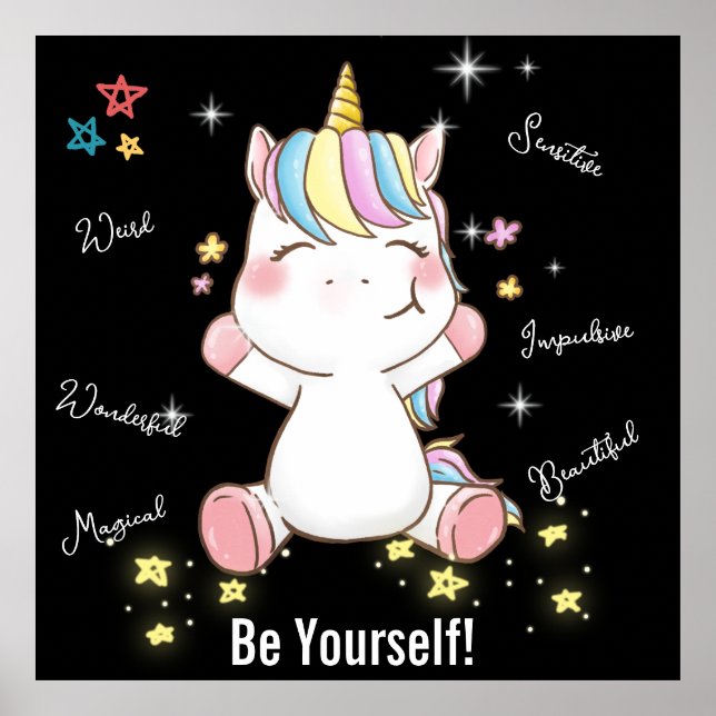 Poster Seja Você Mesmo! Unicórnio mágico. Editável (Frente)