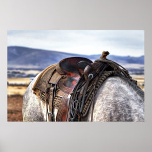 Poster sela ocidental de cavalo cinza