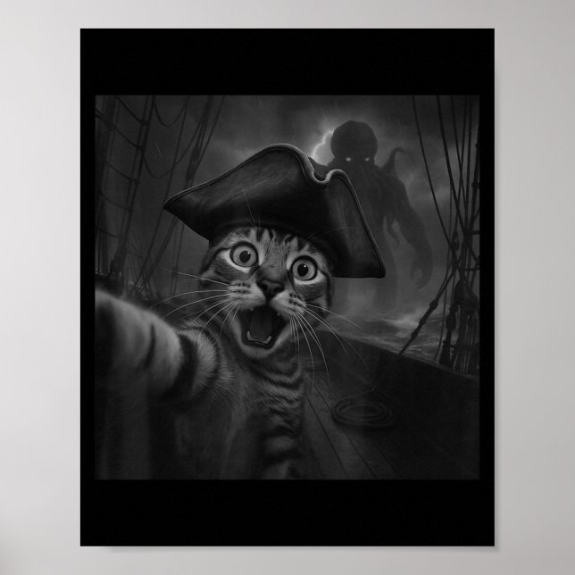 Poster Selfie de Gato Com Cthulhu Horror Cósmico Meme Div (Frente)