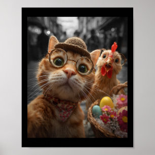 Poster Selfie de Gato e Frango Ovos de Páscoa Engraçados