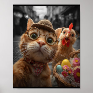 Poster Selfie de Gato e Galinha Ovos de Páscoa Engraçados
