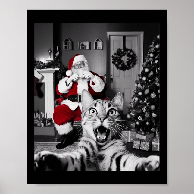 Poster Selfie De Gato Engraçado De Natal Com Papai Noel B (Frente)