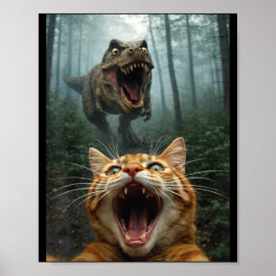 Poster Selfie de Gato Laranja com T-Rex Dinossauro Homens