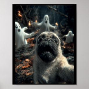 Poster Selfie Engraçado de Pug com Fantasmas na Floresta