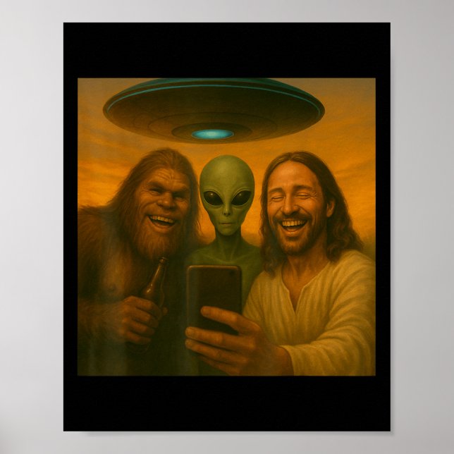 Poster Selfie Pé-grande Jesus Alien - Criptídeo Engraçado (Frente)