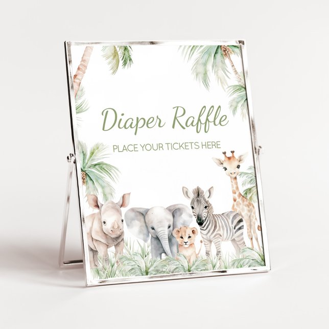 Poster Selgle Safari Selvagem Um Animal Fralda Raffle (Jungle Safari Animals Wild One Baby Shower Diaper Raffle Sign)