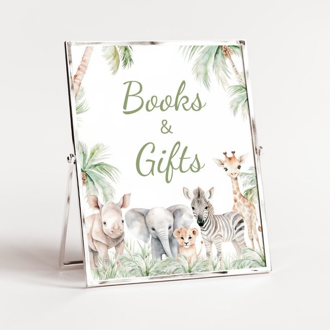 Poster Selgle Safari Selvagens Um Animais Livros e Presen (Jungle Safari Animals Wild One Baby Shower Books and Gifts Sign)