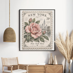 Poster Selo Postal Flor de Estado Rosa de Nova York Vinta