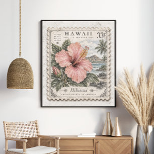 Poster Selo Postal Vintage Hibisco do Havaí Tropical