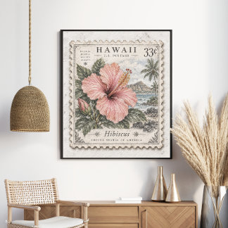 Poster Selo Postal Vintage Hibisco do Havaí Tropical