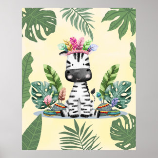 Poster Selva de Zebra Safari Folhas de Palmeira Exóticas 