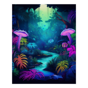 Pôster Selva Neon com Cogumelos Brilhantes e Plantas