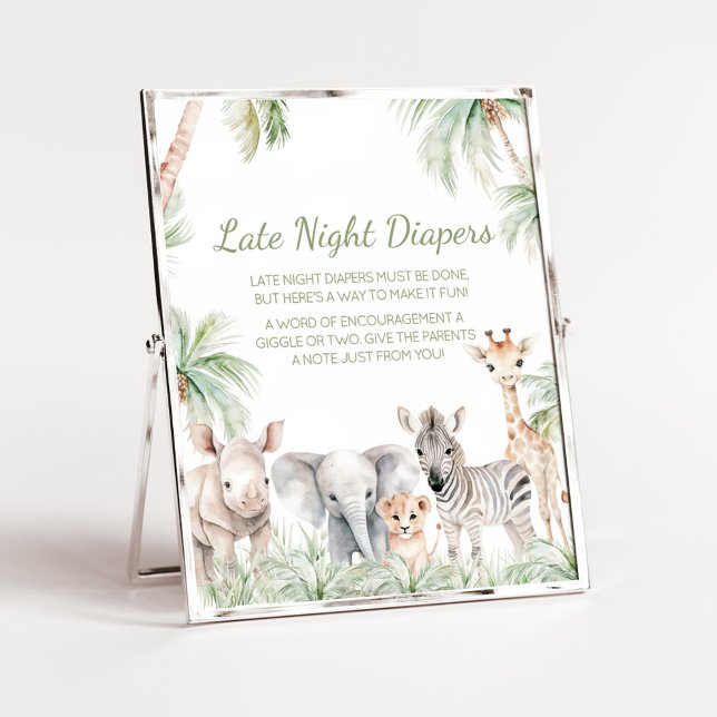 Poster Selva Safari Selvagem Um Animais Nas Fraldas Notur (Jungle Safari Animals Wild One Baby Shower Late Night Diapers Sign)