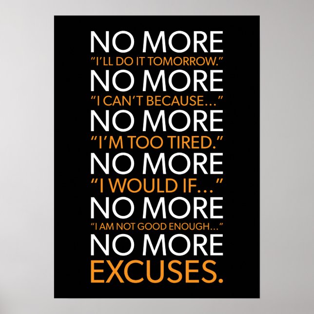 Poster Sem Mais desculpas - Gym, Hustle, Sucesso, Motivaç (Frente)