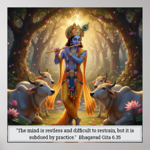 Poster Senhor Krishna Floresta de Vrindavan Tocando Flaut