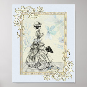 Poster Senhora bonito do vintage e flores azuis