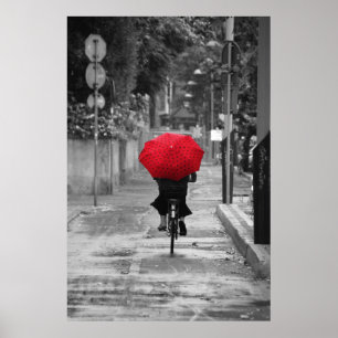 Poster Senhora Ciclista com um guarda-chuva vermelho,