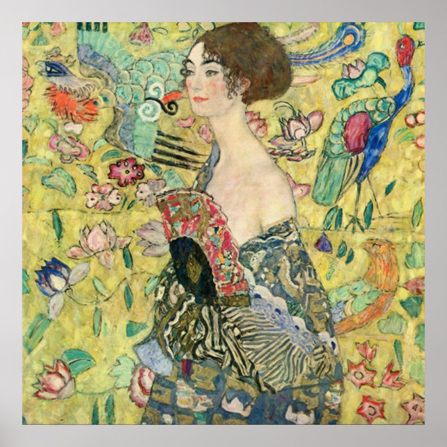 Pôster Senhora com fã,Gustav Klimt,1907,art nouveau,vinta (Frente)