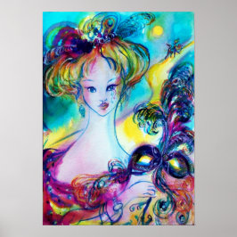 Poster SENHORA COM PENA MÁSCARA Veneza Mascarada NOITE