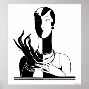 Poster Senhora Com Pérola Preto Transp do art deco do