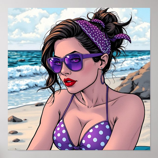 Poster Senhora da praia em Shades, Bikini e Bandana (Frente)