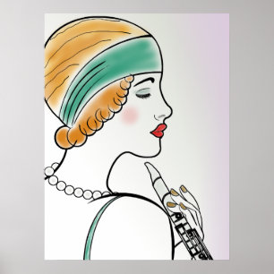 Pôster Senhora do art deco com clarinete
