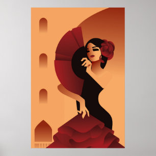 Poster Senhora espanhola com fã e rosa