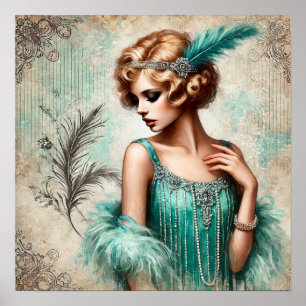 Poster Senhora Flapper Elegante num Vestido Turquois, déc