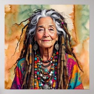 Poster Senhora Idosa Legal em Mulher Hippie de Rastas