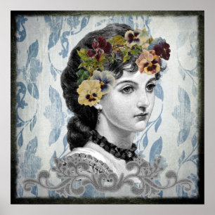 Poster Senhora Mulher Pansies do Victorian na tapeçaria