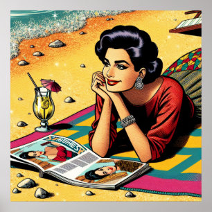 Poster Senhora retrô na praia sonhando com moda