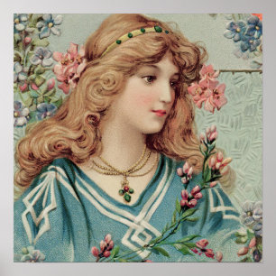 Poster Senhora Vitoriana com Flores Rosa no Cabelo