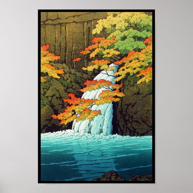 Pôster Senju Waterfall, Akame Hasui Kawase shin hanga art (Frente)