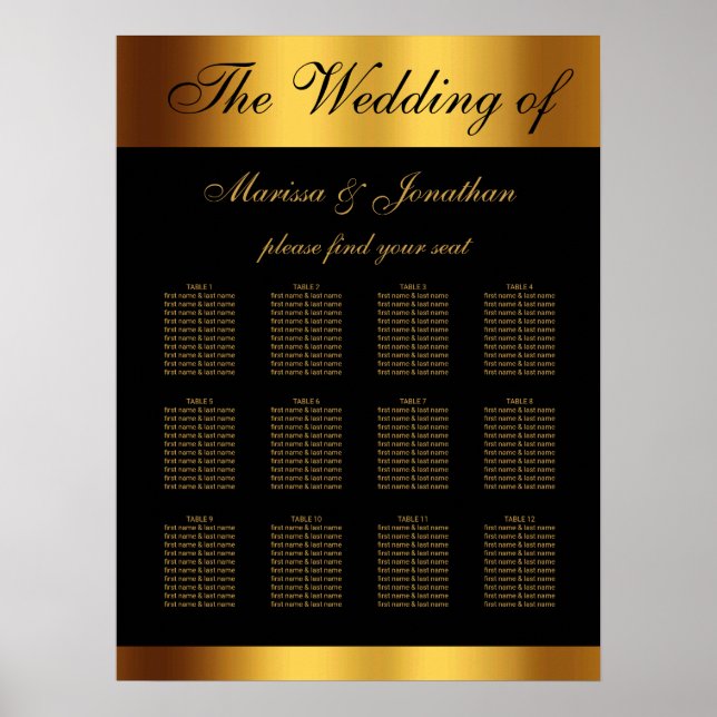 Poster Sentado de Casamento de Casamento de Dourado Preto (Frente)