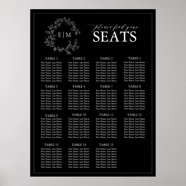 Poster Sentado de Casamento do Monograma de Folha Branca  (Frente)